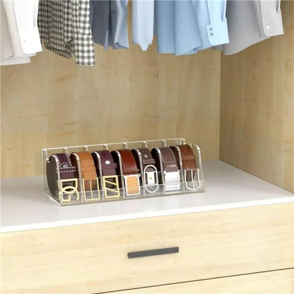 Acrylic Belt Organizer Holder Clear Belt Storage Case with 7 Compartments Stand